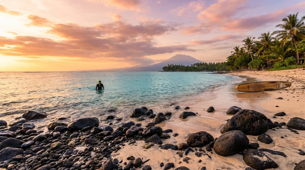 Plage de sable avec rochers noirs, un snorkeler dans l'eau turquoise et le volcan Agung en arrière-plan au coucher du soleil.