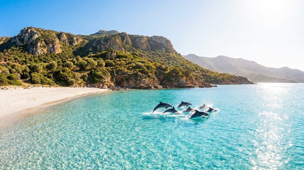 Groupe de dauphins bondissant hors de l'eau turquoise devant une plage sauvage et des falaises de Sardaigne.