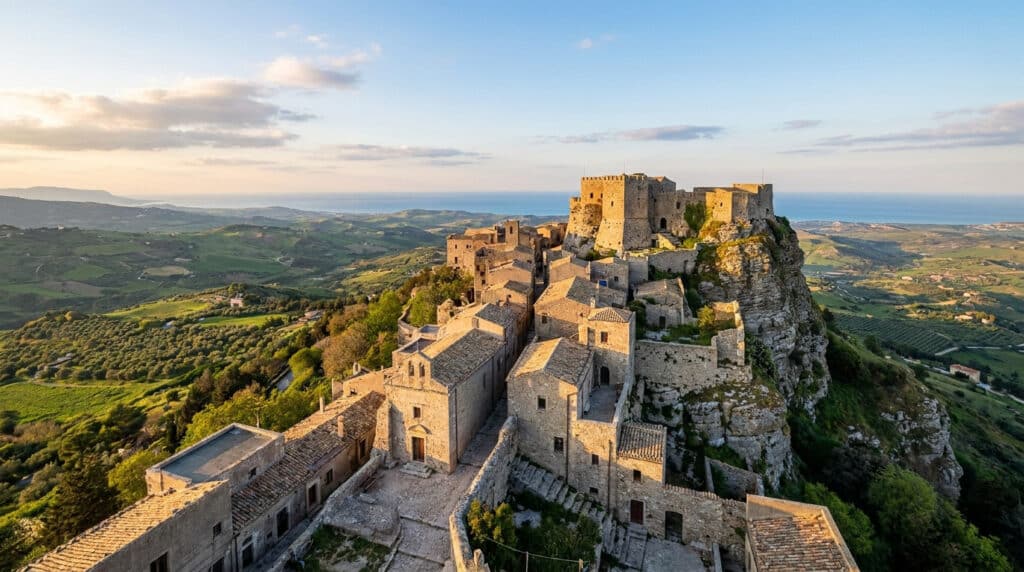 Vue panoramique aérienne du village médiéval d'Erice en Sicile au coucher du soleil.