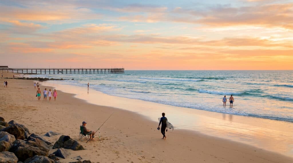 Plage de Capbreton au coucher du soleil avec estacade, surfeur, pêcheur et baigneurs.