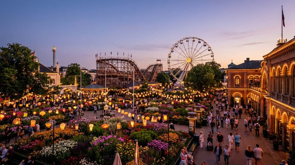 Vue panoramique du parc de Tivoli à Copenhague illuminé au crépuscule avec des fleurs, des manèges et une grande roue.