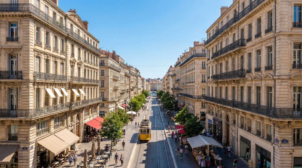 Vue en plongée de la Canebière à Marseille avec son tramway jaune circulant entre des immeubles haussmanniens ensoleillés.