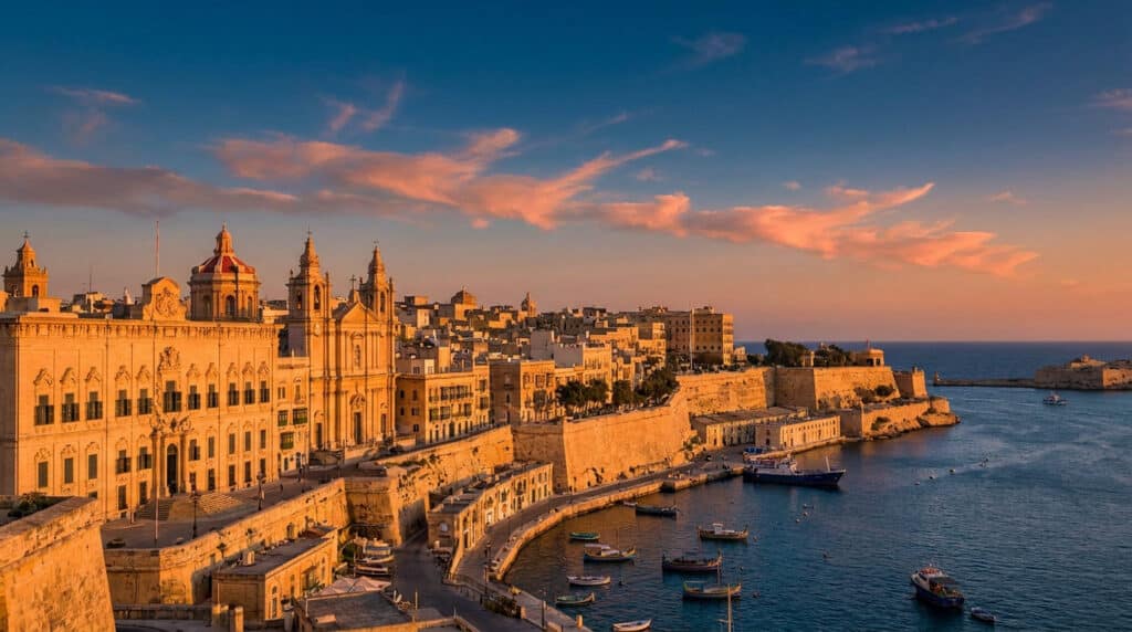 Vue panoramique de la ville fortifiée de La Valette à Malte au coucher du soleil avec des bateaux dans le port.