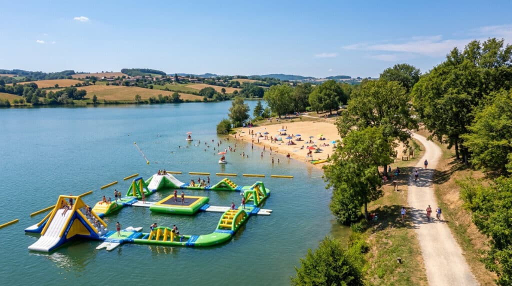 Parc aquatique gonflable flottant sur le Lac de la Thésauque avec plage et sentier arboré.