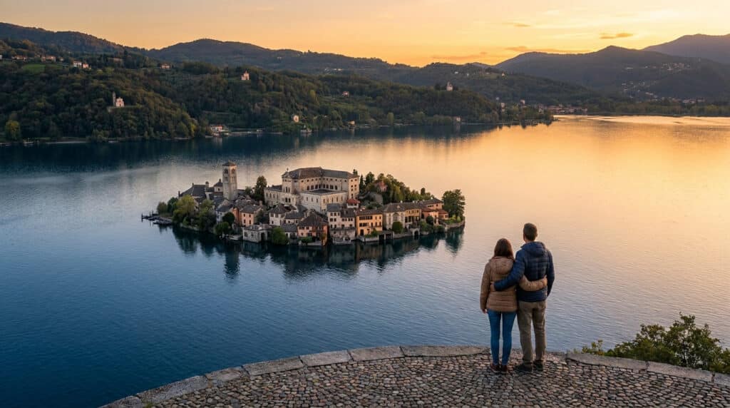 Couple observant l'île de San Giulio au milieu du Lac d'Orta sous une lumière dorée de coucher de soleil.