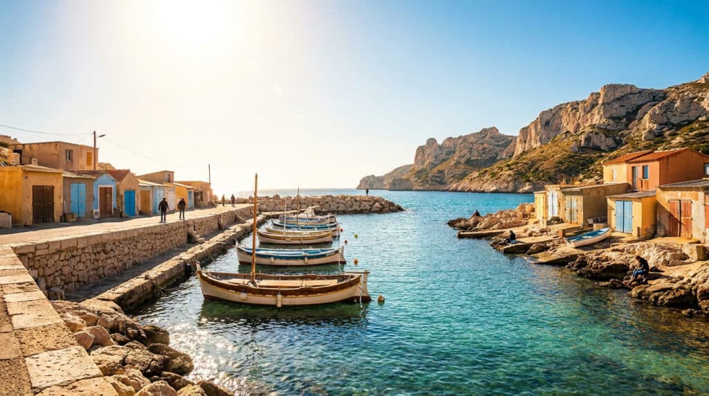 Vue du port des Goudes à Marseille avec ses bateaux traditionnels et ses maisons colorées sous un soleil radieux.