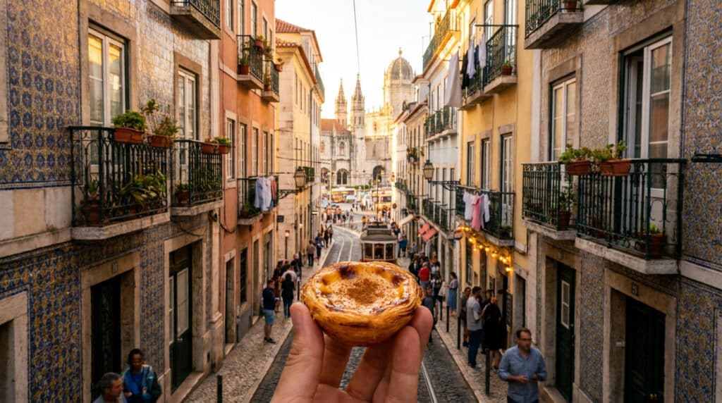 Une main tenant un pastel de nata devant une rue pittoresque et ensoleillée de Lisbonne avec le tramway en fond.