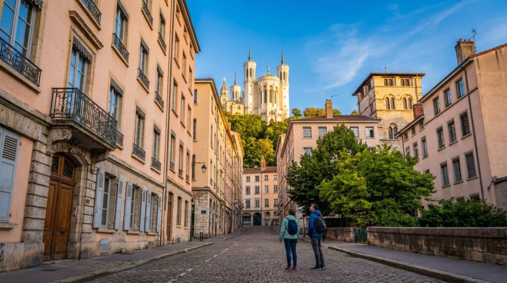 Un couple admire la basilique de Fourvière depuis une rue pavée du Vieux Lyon avec des immeubles historiques.