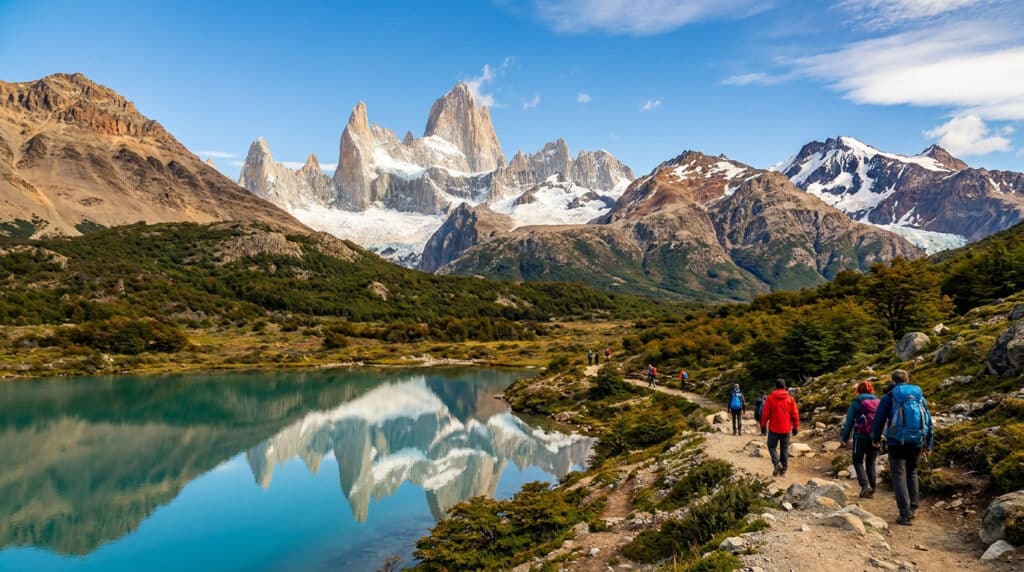 Groupe de randonneurs marchant sur un sentier en Patagonie avec le mont Fitz Roy se reflétant dans un lac turquoise.