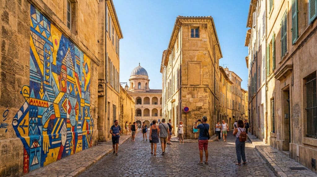 Une rue pavée et pittoresque du quartier du Panier à Marseille avec une fresque colorée sur le mur et des touristes.