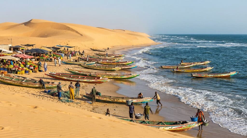 Pirogues colorées sur une plage de sable fin bordée par les dunes et l'océan à Nouakchott.