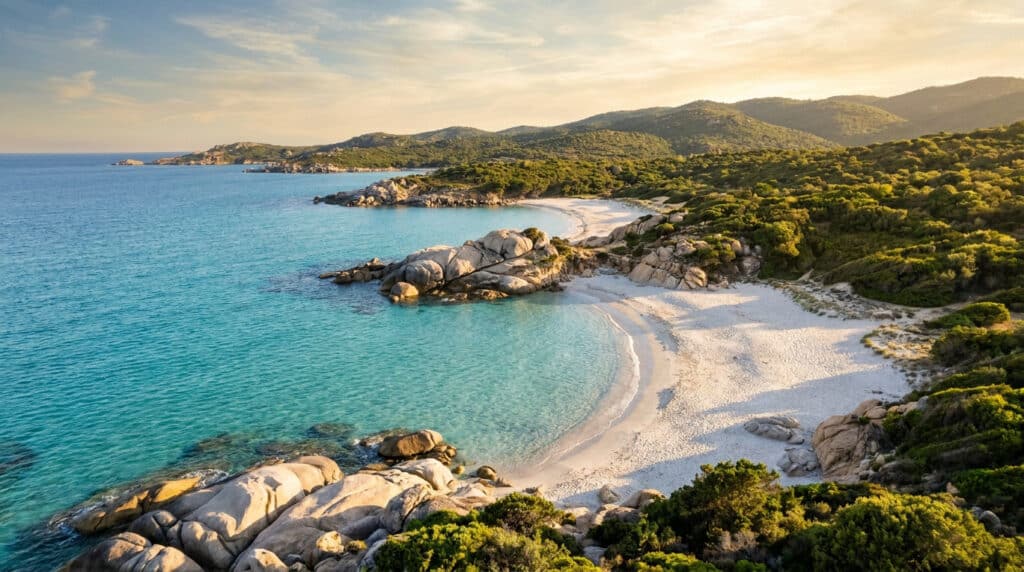 Vue panoramique d'une crique isolée à la plage de Cupabia avec du sable blanc, des rochers et une mer turquoise en Corse.