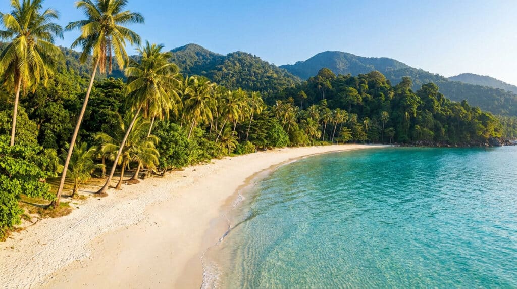 Vue aérienne d'une plage de sable blanc bordée de cocotiers et d'une jungle tropicale à Koh Chang, Thaïlande.