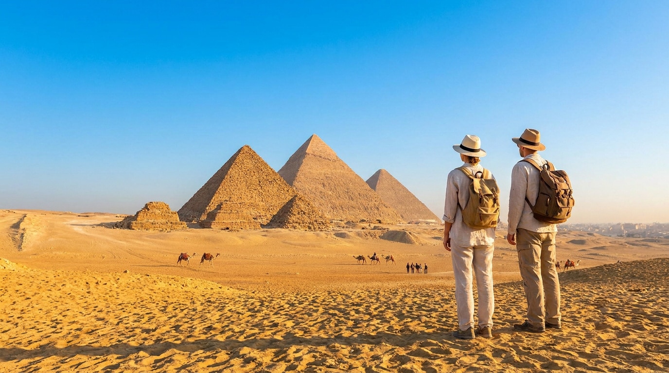 Un couple de touristes avec des sacs à dos admire les pyramides de Gizeh sous un ciel bleu dégagé.