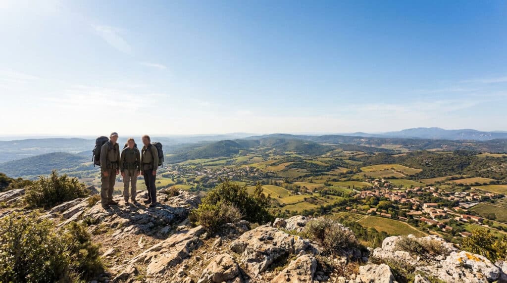 Trois randonneurs équipés de sacs à dos contemplent le panorama depuis le sommet rocheux du Pic Saint-Loup.