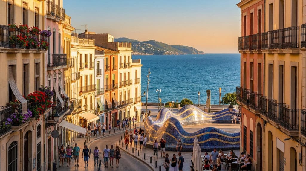 Rue animée de Sitges avec des bâtiments colorés et une sculpture en mosaïque bleue donnant sur la mer Méditerranée.