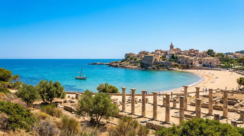 Ruines antiques de Catalogne surplombant une crique méditerranéenne avec un bateau traditionnel sur une eau turquoise.