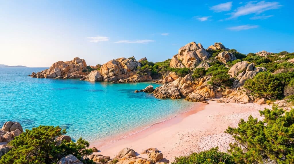 Plage au sable rose et rochers granitiques baignée par une eau turquoise dans l'archipel de La Maddalena en Sardaigne.