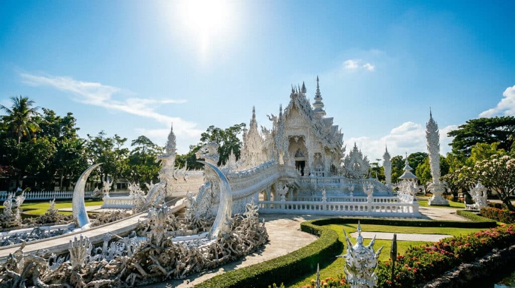 Vue panoramique du temple blanc Wat Rong Khun sous un ciel bleu éclatant à Chiang Rai, en Thaïlande.