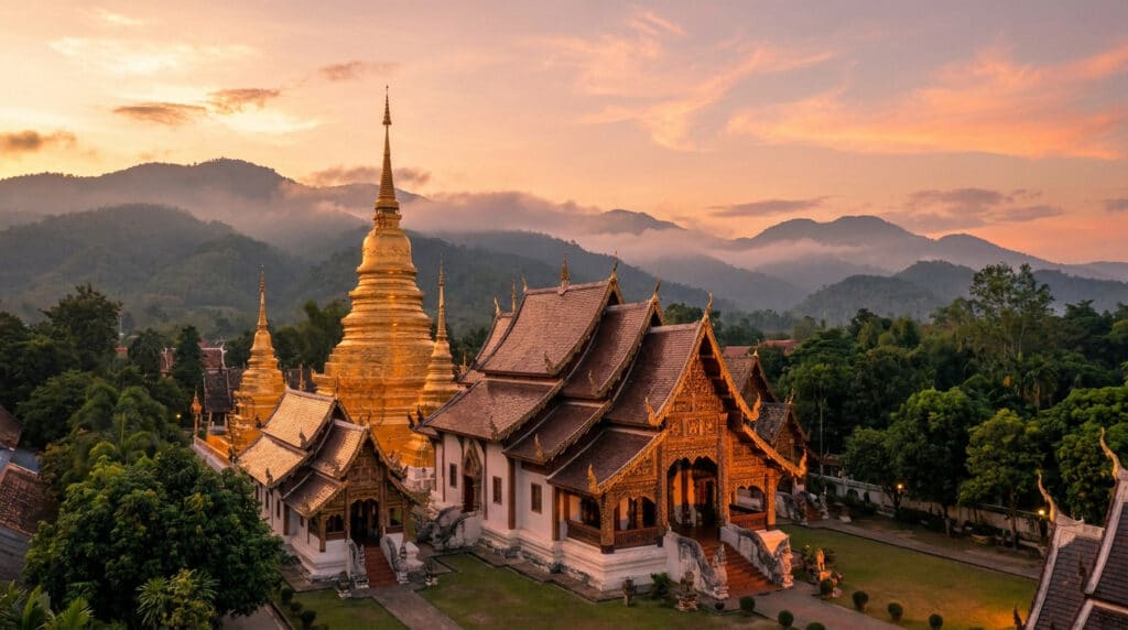 Un temple thaïlandais doré avec un grand stupa entouré de montagnes au coucher du soleil à Chiang Mai.