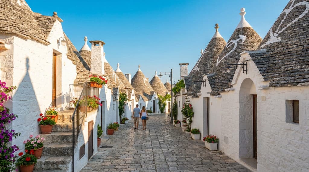 Un couple marche dans une rue pavée typique d'Alberobello avec des maisons traditionnelles blanches aux toits coniques.