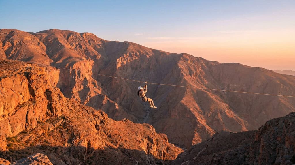 Une personne faisant de la tyrolienne au-dessus des montagnes arides de Jebel Jais à Ras Al Khaimah au coucher du soleil.