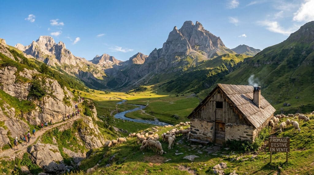 Randonneurs sur un sentier en montagne avec un troupeau de brebis devant une cabane de berger dans les Pyrénées.
