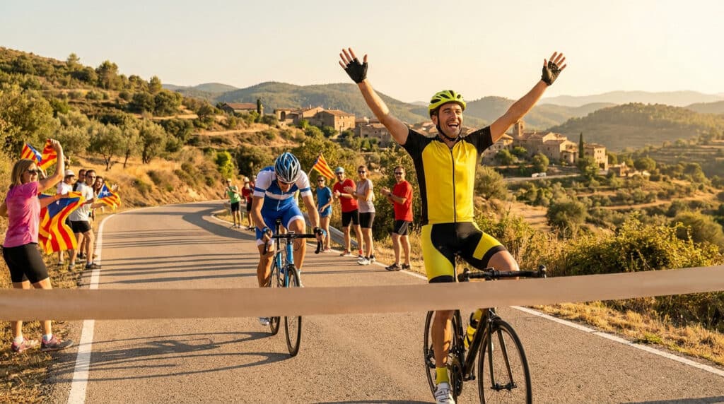 Un cycliste franchit la ligne d'arrivée en levant les bras sous les encouragements de spectateurs en Catalogne.