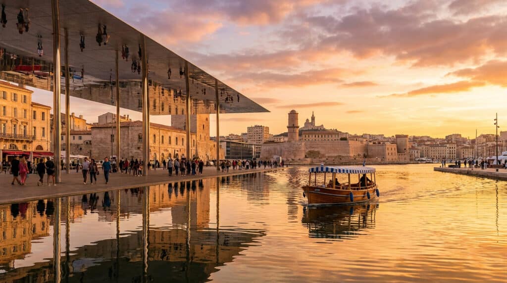 Vue du Vieux-Port de Marseille avec l'ombrière miroir, un bateau traditionnel et la basilique Notre-Dame au loin.