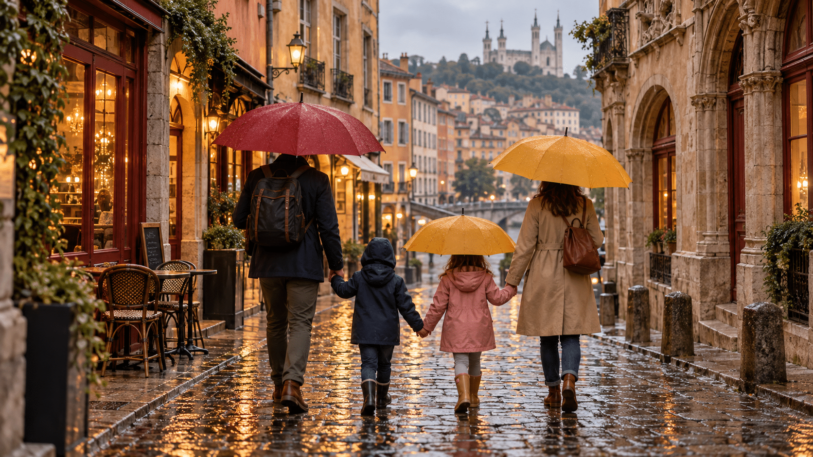 Famille sous la pluie dans une rue pavée du Vieux-Lyon