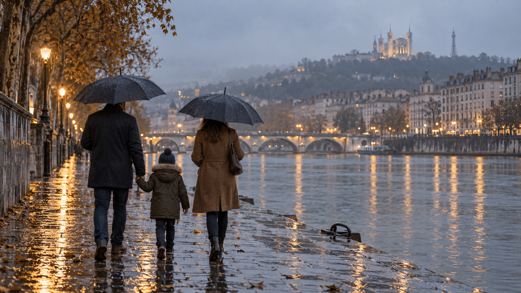 Famille sous parapluies sur les quais de Lyon sous la pluie